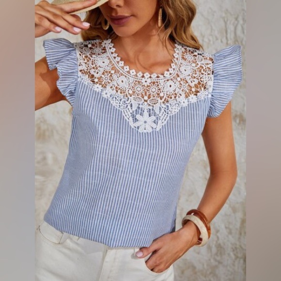 SHEIN Tops - SHEIN Blue White Striped Lace Blouse Cottagecore Flutter Sleeve Boho Top Large